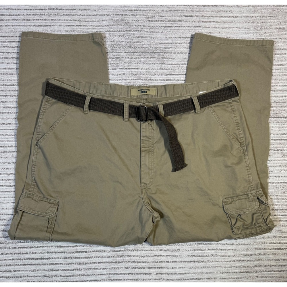 Wrangler Jeans Co Mens Khaki Cargo Pants 44x30 Tan Cotton Belted 70BRWBH